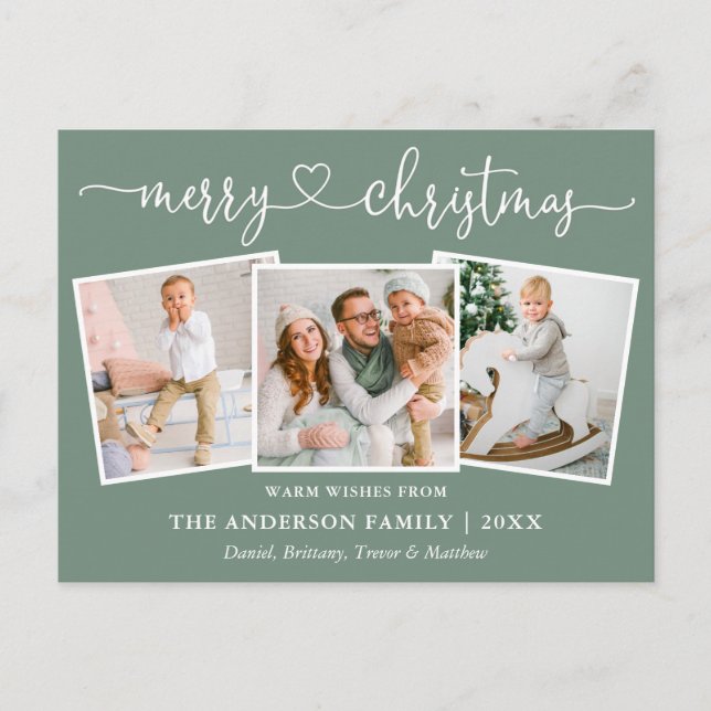 Cartão Postal Caligrafia Heart Christmas 3 Photo Sage Green (Frente)