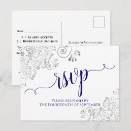 Cartão Postal Caligrafia Lacy Azul Naval em Branco RSVP de Casam