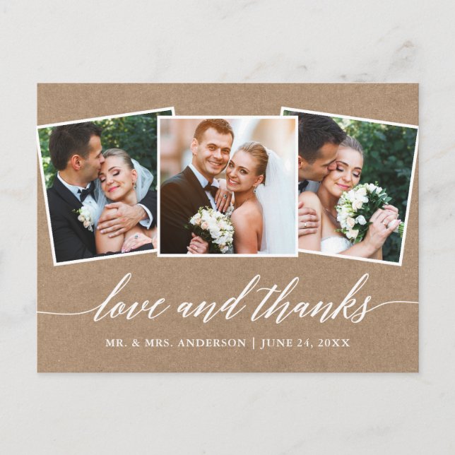 Cartão Postal Caligrafia Moderna 3 Foto Amor Agradecimento Kraft (Frente)