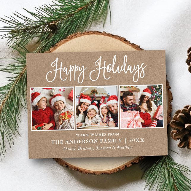 Cartão Postal Caligrafia moderna 3 Fotos Feriado Kraft (Customize to change your personalized text size or text style.)