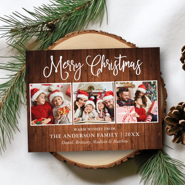Cartão Postal Caligrafia Moderna Divertida Natal Madeira 3 Foto (Customize to change your personalized text size or text style.)