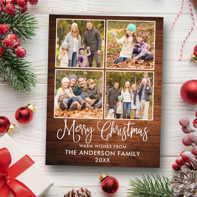 Cartão Postal Caligrafia Moderna Divertida Natal Madeira 4 Foto (Customize to change your personalized text size or text style.)