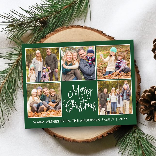 Cartão Postal Caligrafia moderna Green 5 Photo Christmas (Customize to change your personalized text size or text style.)