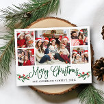 Cartão Postal Caligrafia moderna Holly 5 Foto de Natal<br><div class="desc">Modern Fun Calliographic 5 Photo Family Collage O Cartão de Natal Merry inclui Watercolor Christmas Holly Berries - Script Verde</div>