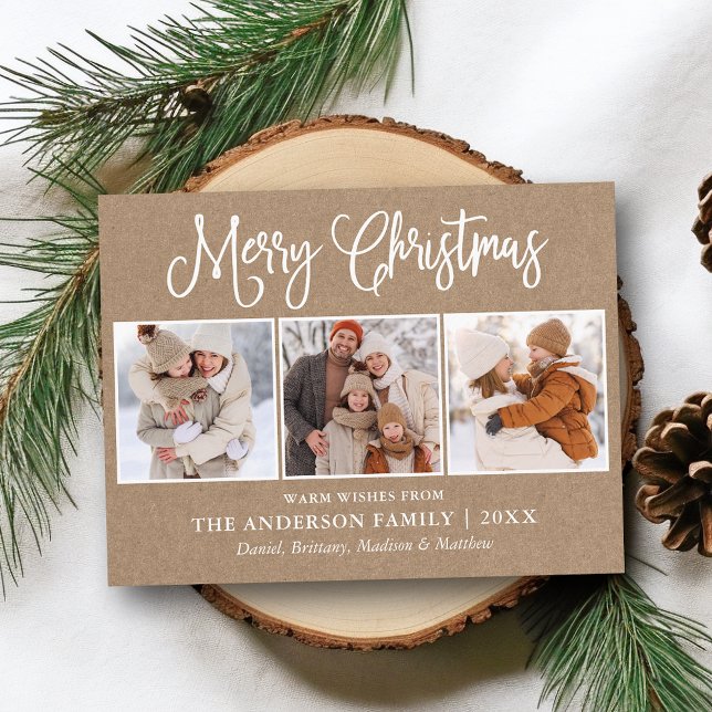 Cartão Postal Caligrafia Moderna Kraft de Natal 3 Foto (Customize to change your personalized text size or text style.)