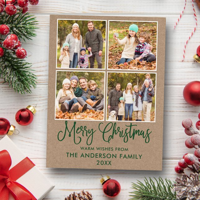 Cartão Postal Caligrafia Moderna Kraft de Natal 4 Foto (Customize to change your personalized text size or text style.)