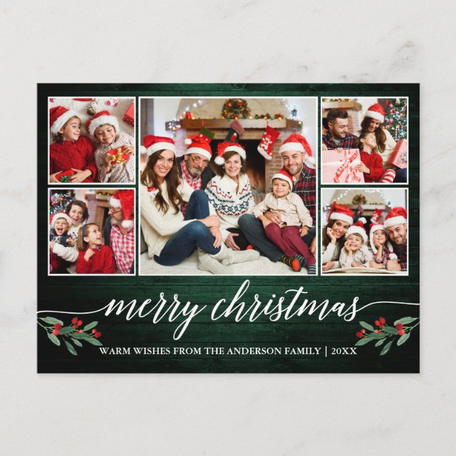 Cartão Postal Caligrafia Moderna Madeira Verde 5 Foto Natal (Frente)