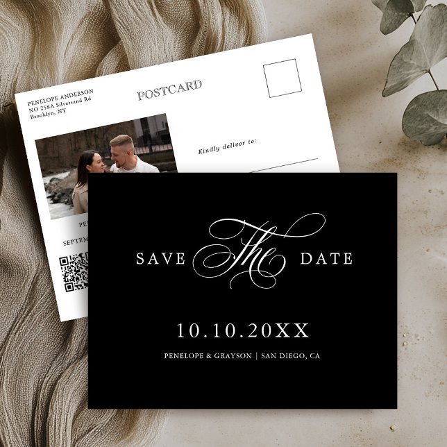 Cartão Postal Caligrafia moderna preto atemporal Salve a Data (Modern calligraphy timeless black Save the Date Postcard)
