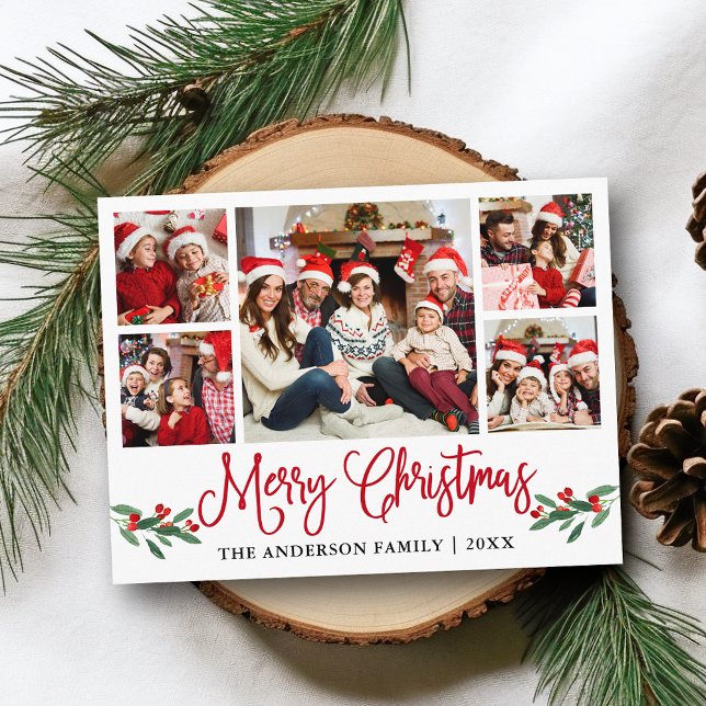 Cartão Postal Caligrafia moderna Red Christmas Holly 5 Photo (Customize to change your personalized text size or text style.)