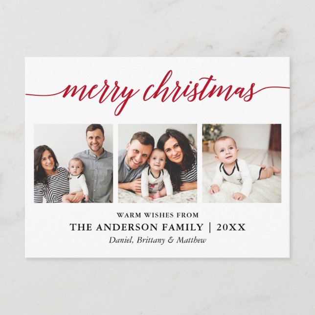 Cartão Postal Caligrafia Moderna Vermelho Feliz Natal 3 Foto (Frente)