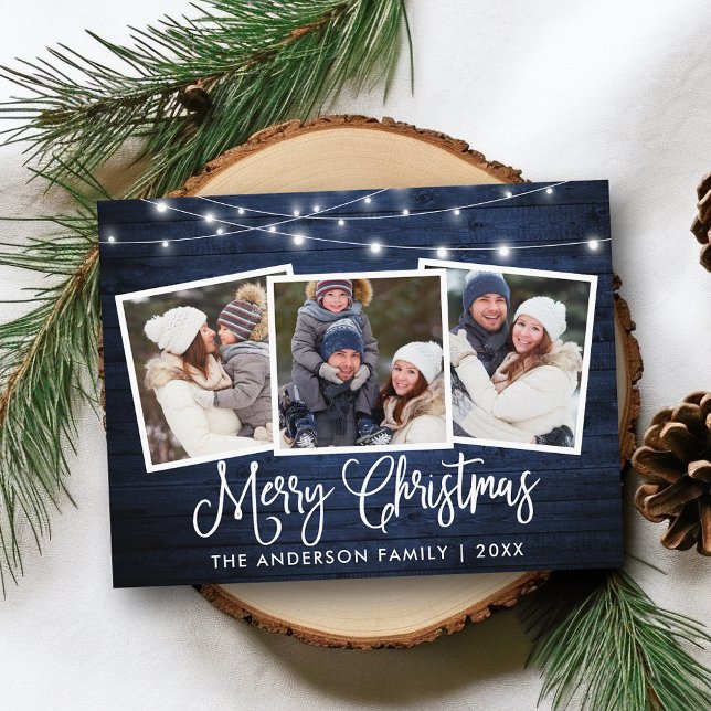 Cartão Postal Caligrafia Natal Blue Wood Lights 3 Foto (Customize to change your personalized text size or text style.)