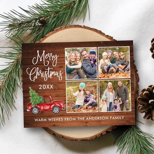 Cartão Postal Caligrafia Natal Caminhão Antigo Madeira 4 Foto (Customize to change your personalized text size or text style.)