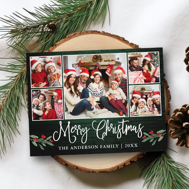 Cartão Postal Caligrafia natalícia Madeira verde Holly 5 Foto (Customize to change your personalized text size or text style.)