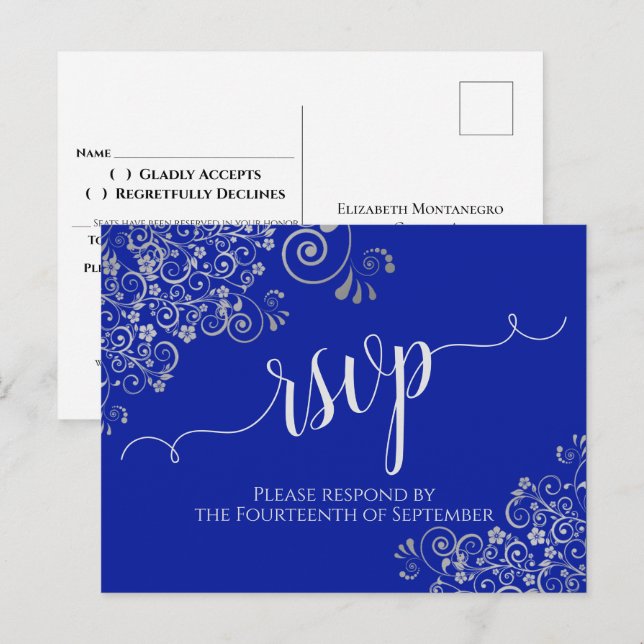 Cartão Postal Caligrafia Renda Prata Azul Real Casamento RSVP (Frente/Verso)