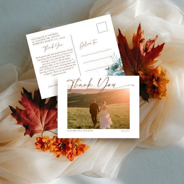 Cartão Postal Caligrafia Romântica Foto de Casamento Romântico O (fall wedding shower baby photo thank you teal burnt orange terracotta calligraphy watercolor floral)
