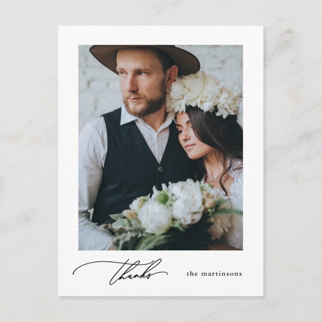 Cartão Postal Caligrafia Simples - Foto de Casamento Obrigado (Frente)