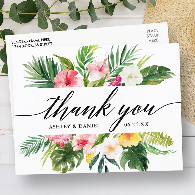 Cartão Postal Caligrafia Tropical Floral Obrigado (Customize to change your personalized text size or text style.)