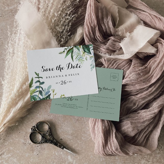 Cartão Postal Caligrafia tropical Horizontal Salvar a Data (Criador carregado)