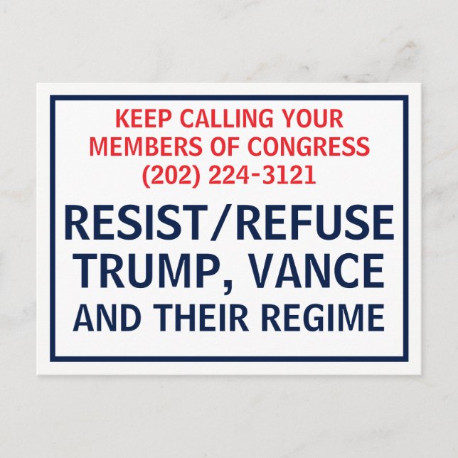 Cartão Postal Call Congress Protest Resist Refuse Trump Vance (Frente)