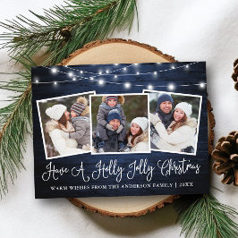 Cartão Postal Calligrafia Holly Jolly Natal Blue Wood Lights