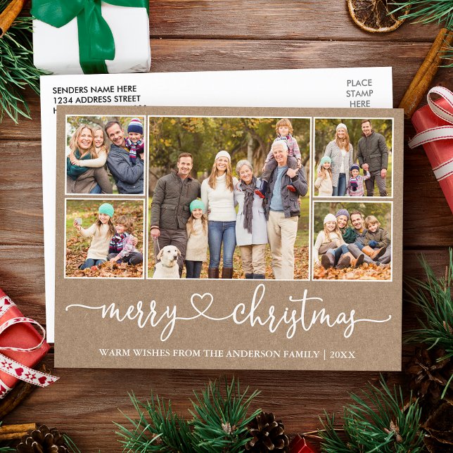 Cartão Postal Calligraphy Coração Natal Kraft 5 Foto Feriado (Customize to change your personalized text size or text style.)