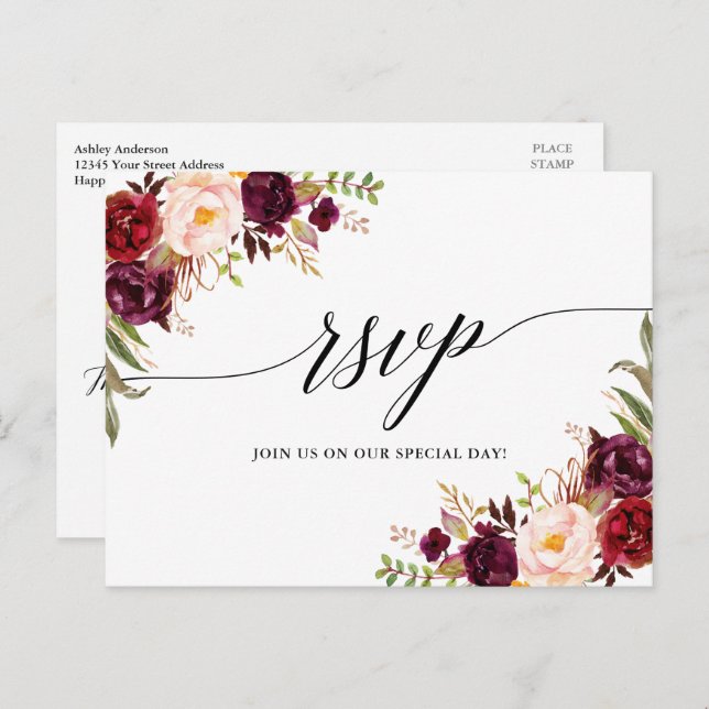 Cartão Postal Calliografia Burgundy Floral Wedding RSVP (Frente/Verso)