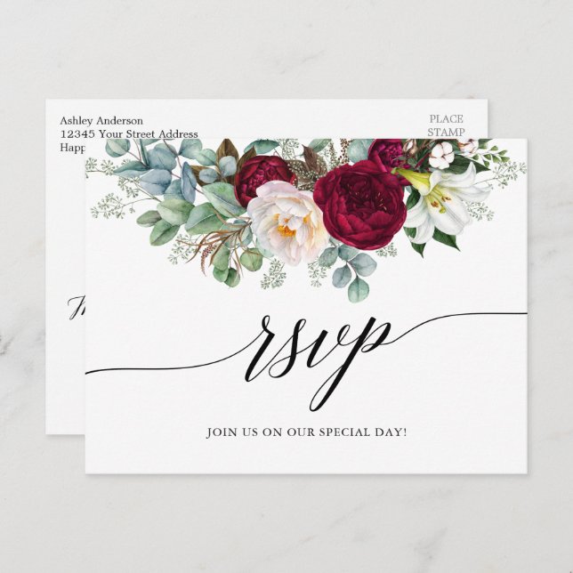 Cartão Postal Calliografia Burgundy Floral Wedding RSVP (Frente/Verso)