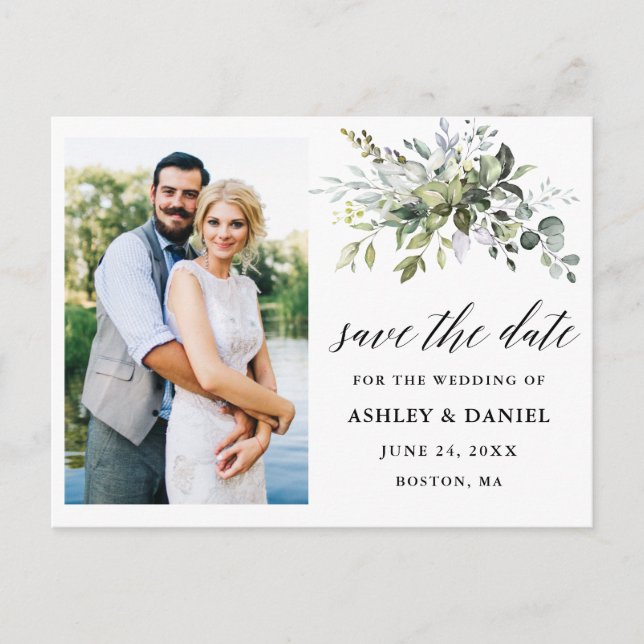 Cartão Postal Calliografia Greenery Salva a Foto da Data (Frente)