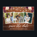 Cartão Postal Calliografia Madeira Burgundy Floral Salvar Data<br><div class="desc">Script de Caligrafia Moderna,  Luzes de Madeira e Cordas Rústicas,  Fluxo de Borgonha de Watercolor Salva o Casal de Anúncio do Noivado de Data  3 Cartão Postal</div>