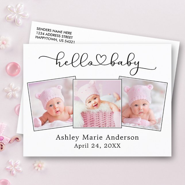 Cartão Postal Calliografia Script Heart 3 Photo Hello Baby (Customize to change your personalized text size or text style.)