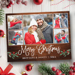 Cartão Postal Calliografia Wood Holly 5 Fotografia Casal Natal<br><div class="desc">Manuscrito de Diversão Moderna de Caligrafia 5 Colagem de Fotografias Casal Feliz Cartão de Natal inclui Watercolor Christmas Holly Berries - Madeira russa do país</div>