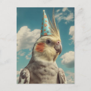 Cartão Postal Calopsita com Chapéu de Aniversário Contra o Céu A