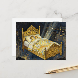 Cartão Postal Cama Mágica Acima do Casal Sonolento da Fantasia d