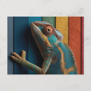 Cartão Postal Camaleão Colorido em Fundo de Arco-íris