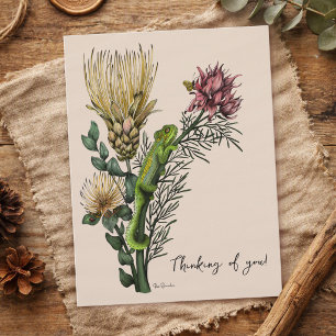 Cartão Postal Camaleão Floral Bege Vintage Arte Pensando em Você