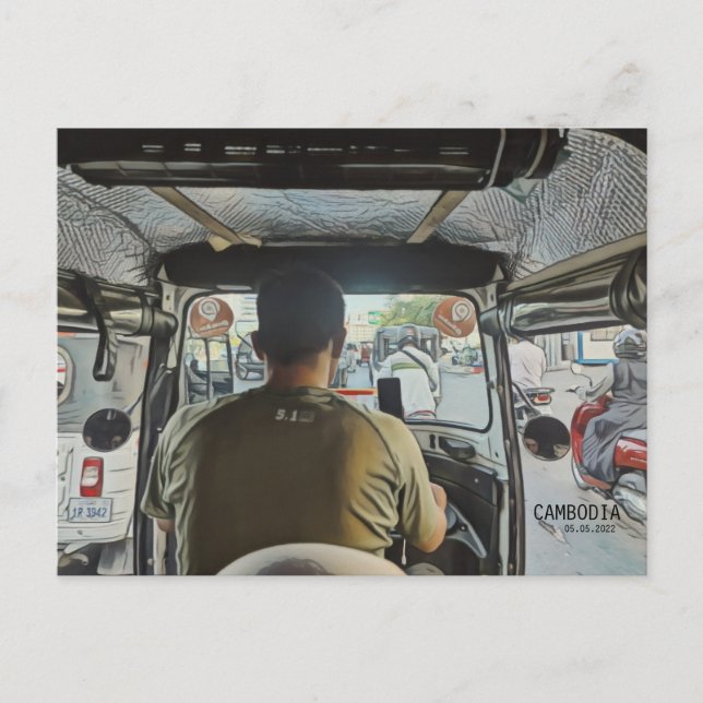 Cartão Postal Camboja Dentro a Tuk Tuk, Data Personalizável (Frente)