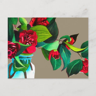 Cartão Postal Camellias vermelhas com flor de folhagem verde