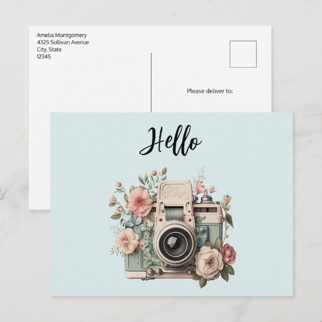 Cartão Postal Câmera com Flores Pastel Retro Olá (Frente/Verso)