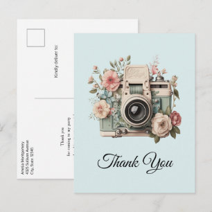 Cartão Postal Câmera com Imagem Retro Pastel de Flores Obrigado