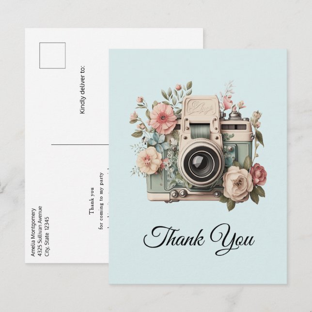 Cartão Postal Câmera com Imagem Retro Pastel de Flores Obrigado (Frente/Verso)