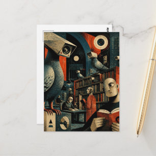 Cartão Postal câmera de vigilância surrealista pombos na bibliot