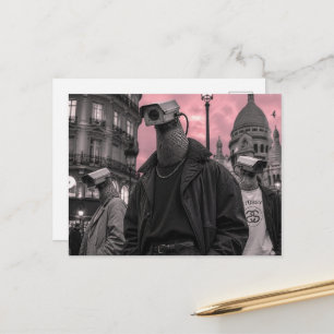 Cartão Postal câmera de vigilância surrealista pombos rosa cinza