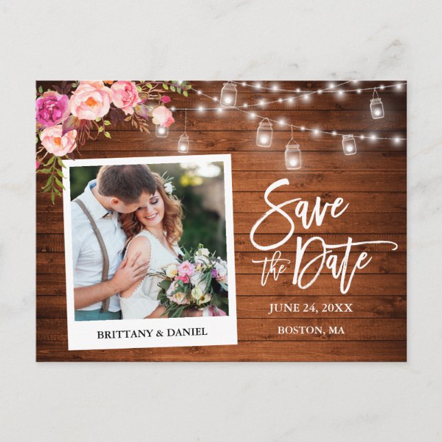 Cartão Postal Câmera Instantânea Jars Florais Rosa Save The Date (Frente)