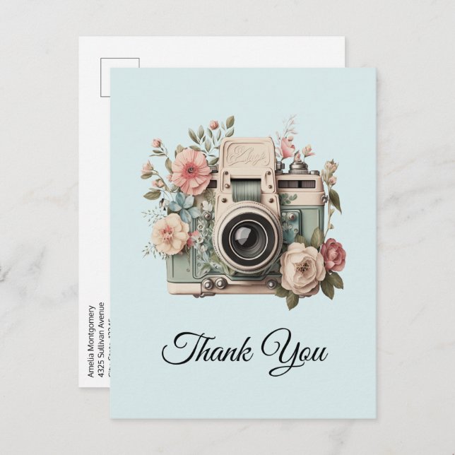 Cartão Postal Camera with Flowers Retro Pastel Image Thank You (Frente/Verso)