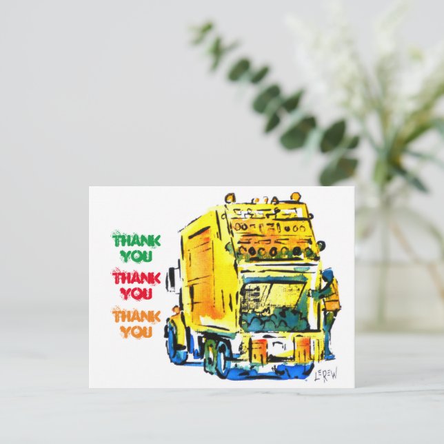 Cartão Postal Caminhão de lixo amarelo #130704 (Em pé/Frente)