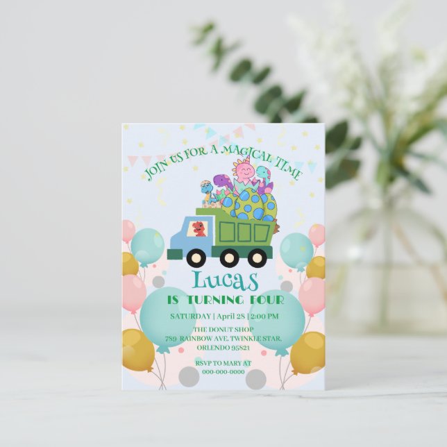 Cartão Postal Caminhão de lixo dinossauro engraçado Nome da fest (Em pé/Frente)