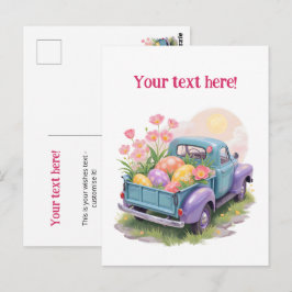 Cartão Postal Caminhão Retro Azul Turquesa e Roxo com Ovos de Pá