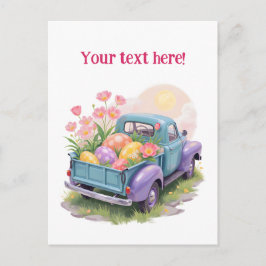 Cartão Postal Caminhão Retro Azul Turquesa e Roxo com Ovos de Pá