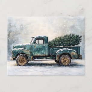Cartão Postal Caminhão Verde Rústico com Árvore de Natal