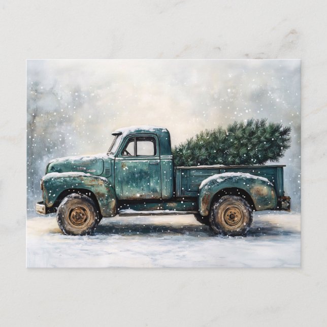Cartão Postal Caminhão Verde Rústico com Árvore de Natal (Frente)